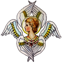 Kreslený znak školky, anděl se šesti křídly